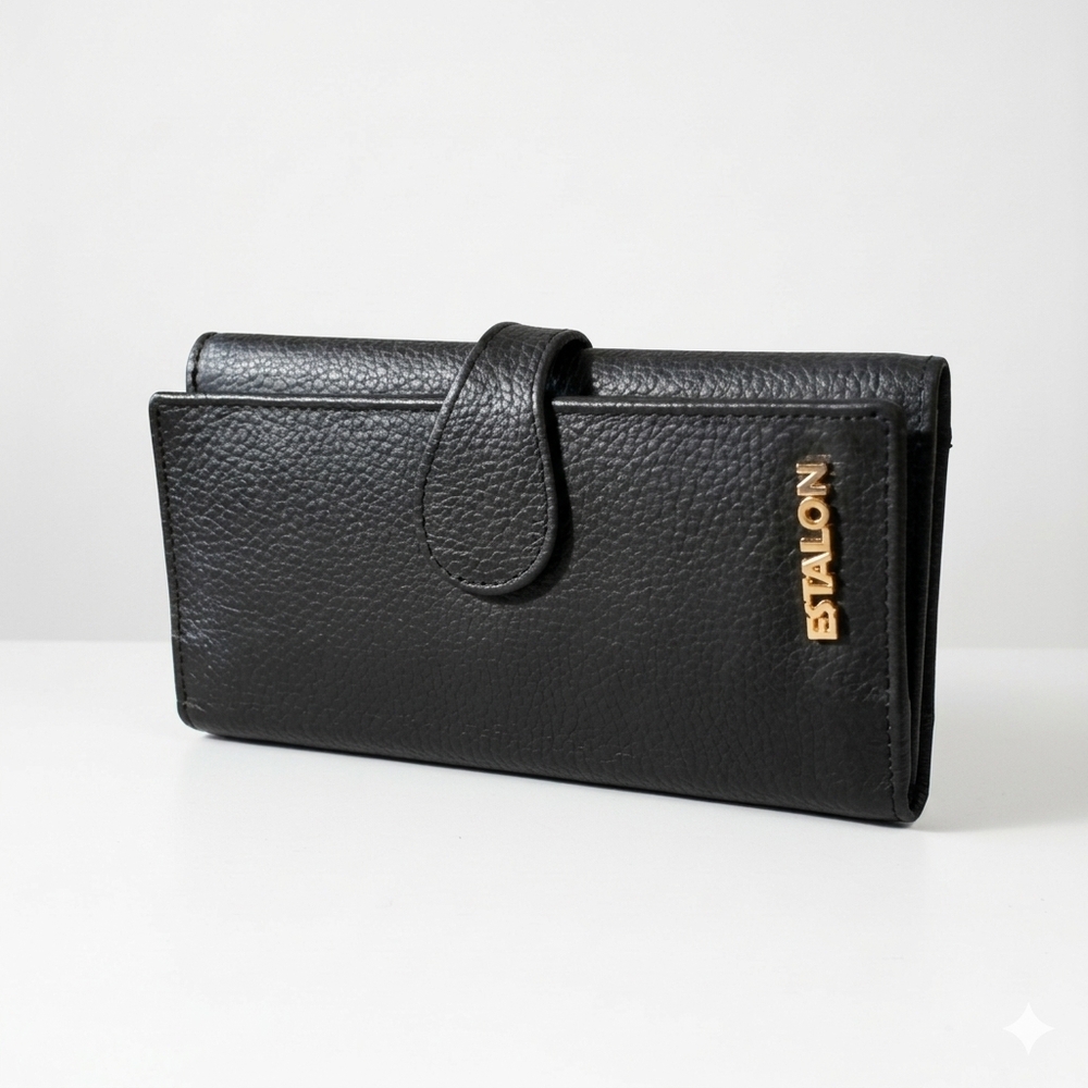 Estalon 7x4" Leather Wallet Black Pebbled Snap Coin Pocket Credit Card Slip Cash